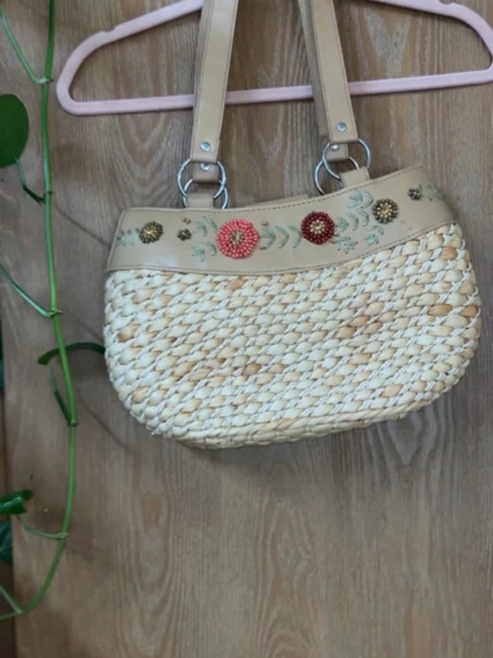 Avon Beige Woven Straw Shoulder Bag with Floral Embroidery